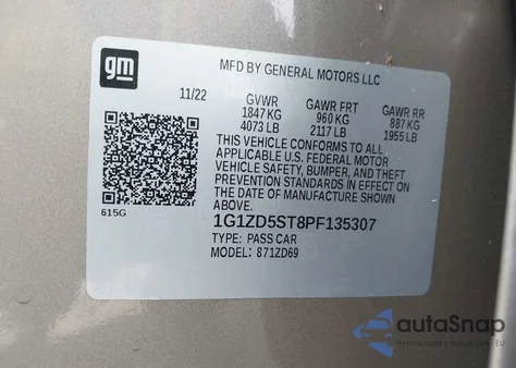 2023 Chevrolet Malibu Fwd 1Lt z USA, uszkodzony, nr VIN 1G1ZD5ST8PF135307